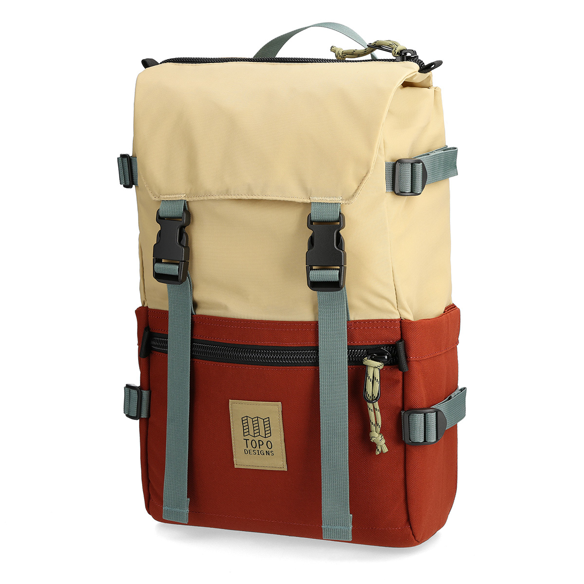 Topo Designs Rover Pack Classic Sahara/Fire Brick, with pocket for waterbottle on the side