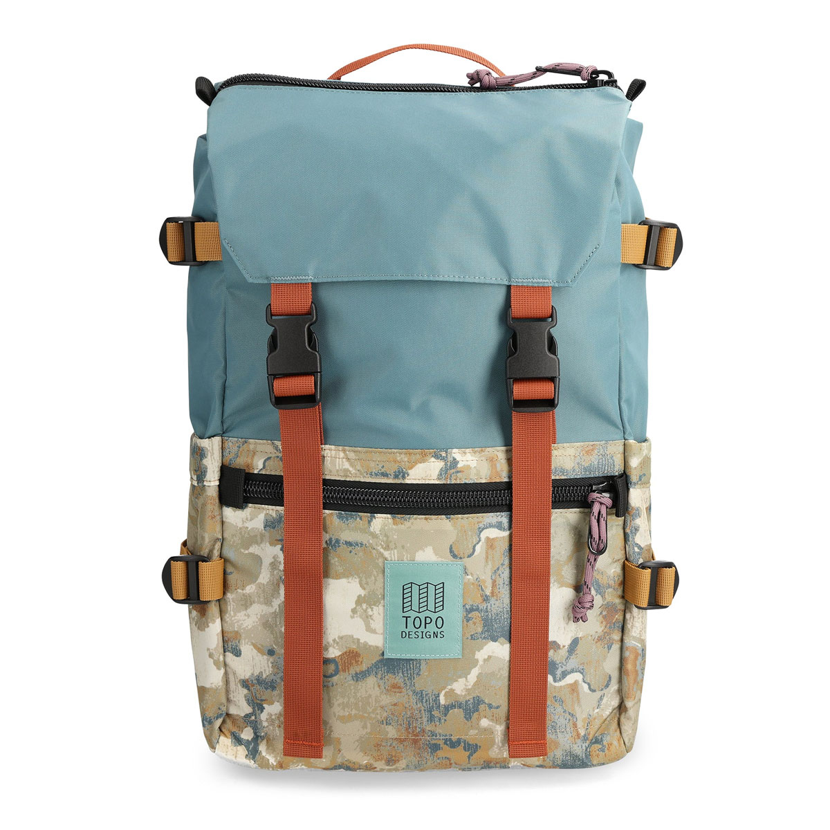 Topo Designs Rover Pack Classic Sea Pine/Blur Camo, with pocket for waterbottle on the side